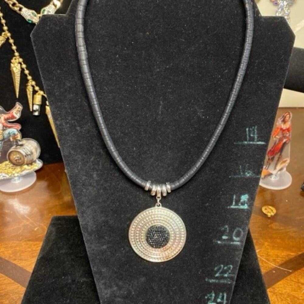 Black leather necklace with silver
